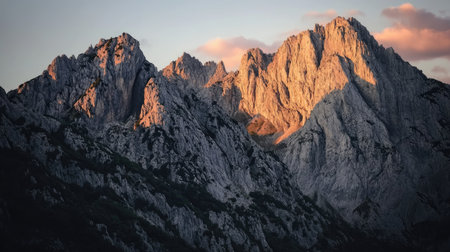 The rugged beauty of Saxer Lcke at sunset, with golden light reflecting off jagged peaks and deep valleys in Appenzellの素材