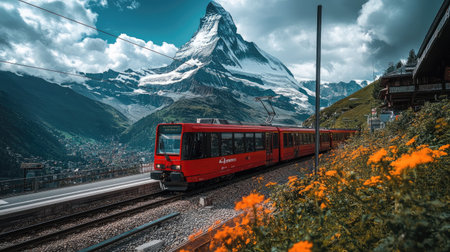 The Matterhorn stands tall over the Gornergrat railway station, as the red electric train arrives in the heart of the Swiss Alpsの素材