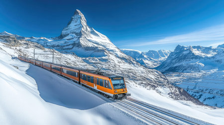 The crisp mountain air and snow-covered peaks as the Gornergrat train travels through the Swiss Alps, with the Matterhorn in the backgroundの素材