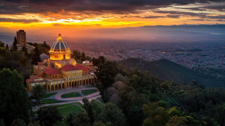 Sunset over Monserrate Park, with the last rays of light illuminating the intricate details of the palace facade.の素材