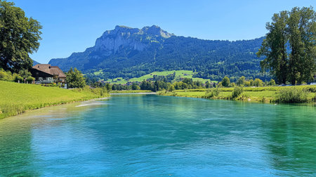 Swiss summer dream the lush greenery of Rosenlaui, crystal-clear waters of the Reichenbach River, and the towering Wellhorn in the backgroundの素材