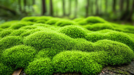 Vibrant green moss spreading over tree bark in a misty rainforest, with a blurred jungle canopy beyondの素材