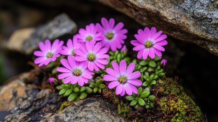 Vibrant Moss Campion flowers contrasting against a dark, rocky mountainside, showcasing nature's delicate beauty in harsh environments.の素材