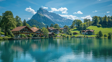 Swiss summer dream the lush greenery of Rosenlaui, crystal-clear waters of the Reichenbach River, and the towering Wellhorn in the backgroundの素材
