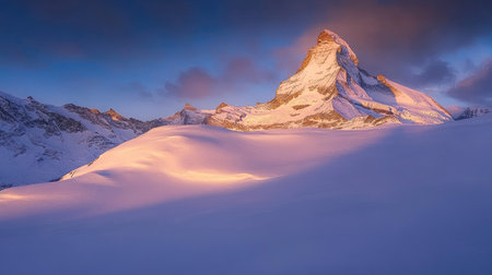 The golden hour in Zermatt dawn's warm light touching the mountain range, as the sky turns a deeper shade of blueの素材