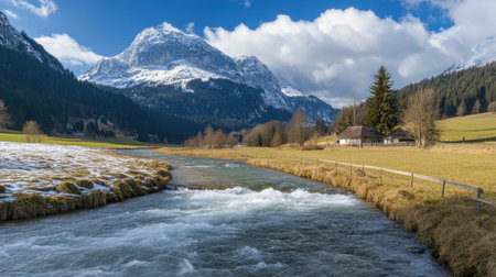 The pristine Reichenbach River flowing through the picturesque Rosenlaui valley, with the Wellhorn mountain in the backgroundの素材