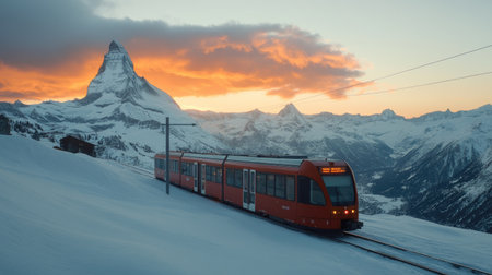 The electric train ascending the Gornergrat railway, offering passengers a world-class view of the majestic Matterhornの素材