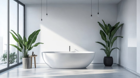 Symmetrical toilet partitions in a clean, modern bathroom with white walls and a sleek, minimalist look.の素材