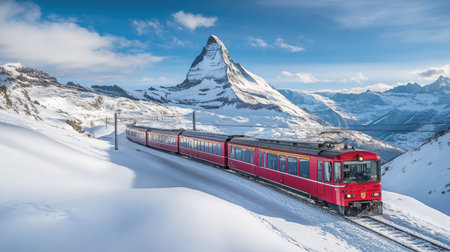 The beauty of Swiss rail travel the Gornergrat railway train winding through snowy landscapes, with the Matterhorn in the distanceの素材