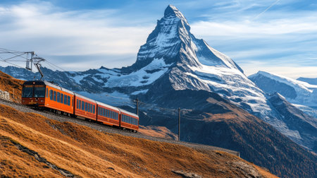 The Gornergrat train winding through the Swiss Alps, offering passengers a stunning view of the Matterhorn's snow-capped peakの素材