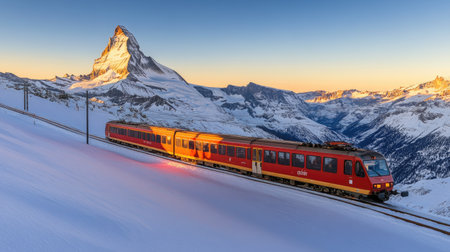 The Gornergrat railway train illuminated by golden sunrise light, with the Matterhorn standing proudly in the backgroundの素材