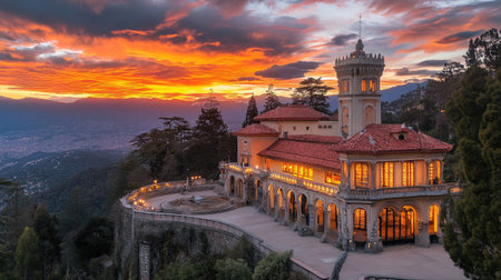 Sunset over Monserrate Park, with the last rays of light illuminating the intricate details of the palace facade.の素材