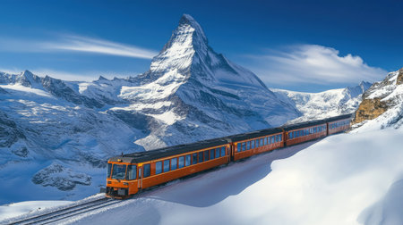 The crisp mountain air and snow-covered peaks as the Gornergrat train travels through the Swiss Alps, with the Matterhorn in the backgroundの素材