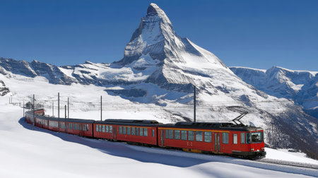 The Matterhorn stands tall over the Gornergrat railway station, as the red electric train arrives in the heart of the Swiss Alpsの素材