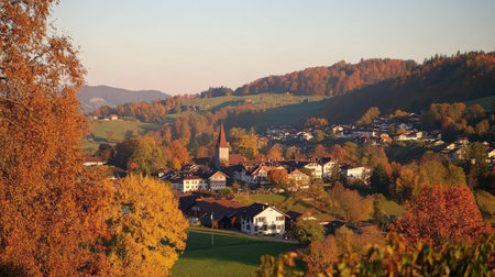 The Saxer Lcke ridge basking in warm sunset tones, as the autumn landscape of Appenzell glows beneath the Swiss Alps skyの素材