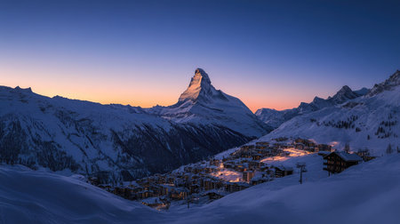 The Swiss Alps waking up in golden hues, as dawn spreads across Zermatt, revealing an endless blue sky aboveの素材