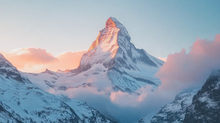 The beauty of Zermatt at sunrise dramatic Swiss Alps peaks glowing in soft light with a clear blue sky as the perfect backdropの素材