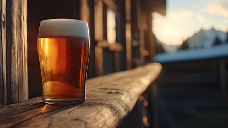 Sunset hues reflecting in a golden wheat beer, placed on a rustic wooden ledge at a ski hut in Arlberg.の素材