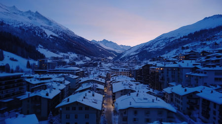 The untouched beauty of Zermatt at dawn, where the mountain peaks meet a stunning blue sky in a perfect alpine morningの素材