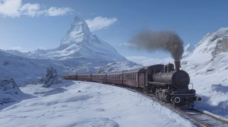 Swiss precision and natural beauty the Gornergrat train traveling through the snowy landscape, with the Matterhorn in the backgroundの素材