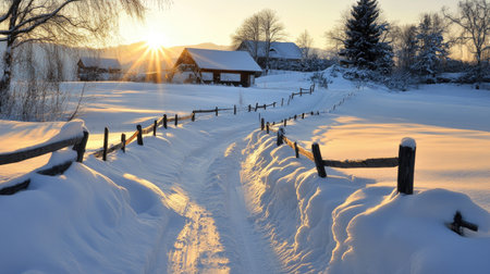 The sun casts golden hues over a winding toboggan track, cutting through the deep snow of Dnser lpele.の素材