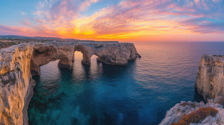 The rugged beauty of Ayia Napa sea caves at sunset, with golden cliffs and deep blue Mediterranean waters in perfect harmony.の素材