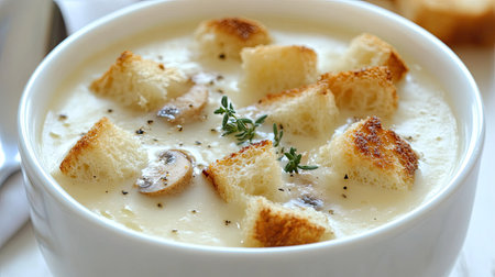 Creamy and smooth mushroom soup, garnished with toasted bread croutons and a sprinkle of fresh thyme, served on a white wooden backdrop.の素材
