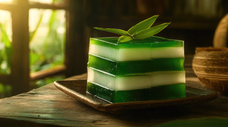 Close-up of pandan coconut jelly dessert, vibrant green and white layers, garnished with coconut and pandan leaves on a rustic wooden table.の素材