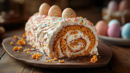 Elegant holiday dessert featuring a classic carrot roll cake with swirled frosting, decorated with festive sprinkles and chocolate eggs, rustic backgroundの素材