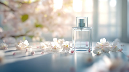 A close-up of a designer perfume bottle with scattered white and blush flowers on a softly textured light surface.の素材