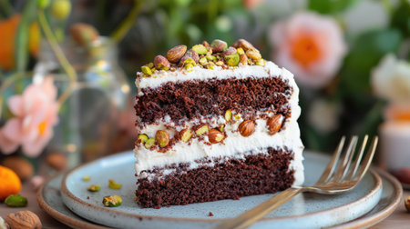 A bite taken out of a rich chocolate cake slice with creamy frosting, crunchy walnuts, and pistachios, served on a ceramic plate with a fork.の素材