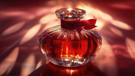 A classic and timeless perfume presentation with a luxury bottle, romantic ribbon bow, and artistic light and shadow on a red backdrop.の素材