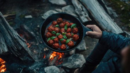 Italian-style meatballs in a cast iron skillet, rich tomato sauce, fresh basil leaves, and parmesan shavings, cozy dinner setupの素材