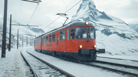 A high-altitude Swiss adventure the Gornergrat railway train with the majestic Matterhorn peak in the distanceの素材