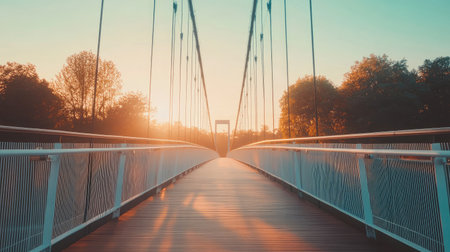 Horizontal view of a white bridge with its cables glowing at sunrise, showcasing linear lines and a serene morning atmosphereの素材