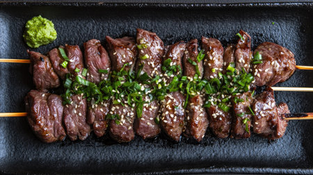 Yakitori skewers arranged in a fan shape on a black ceramic plate, garnished with sesame seeds and chopped scallions, warm lightingの素材