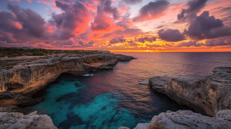 Cape Greco's breathtaking sunset, where the sky explodes with vibrant colors, mirroring the turquoise waters below.の素材