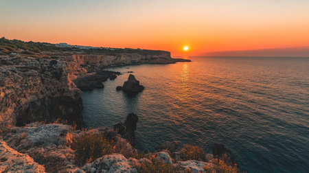A spectacular view of Cape Greco's coastline as the sky transitions from deep orange to soft pink over the Mediterranean.の素材