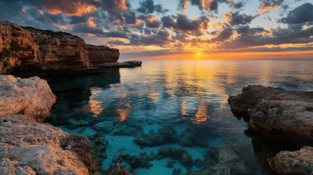 Cape Greco's breathtaking sunset, where the sky explodes with vibrant colors, mirroring the turquoise waters below.の素材