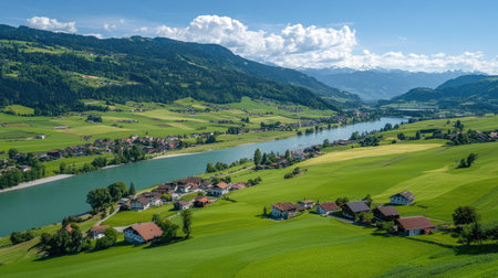 A stunning panoramic view of Rosenlaui in summer, showcasing the majestic Wellhorn, lush pastures, and the sparkling Reichenbach Riverの素材