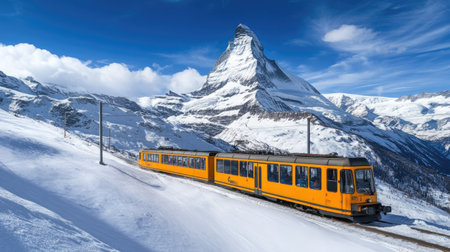 A perfect Swiss travel moment the electric train at Gornergrat railway station with the legendary Matterhorn under blue skiesの素材