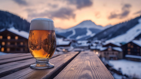 A perfectly poured wheat beer on a wooden terrace, with a panoramic view of the Austrian Alps and ski lifts in the distance.の素材