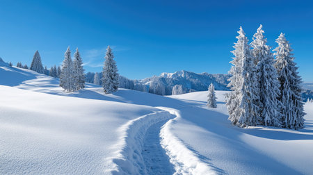 A serene winter hiking trail winding through snow-covered trees in Dnser lpele, Vorarlberg, under a clear blue sky.の素材