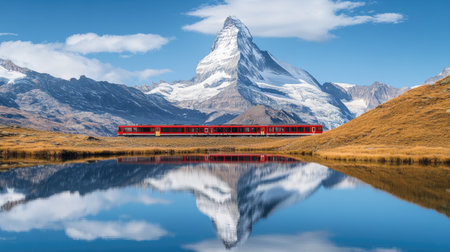 The Gornergrat railway's red train gliding through the alpine landscape, with a perfect reflection of the Matterhorn in a nearby lakeの素材
