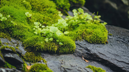 The beauty of nature up close thick moss growing over rugged stones, creating a lush, textured backgroundの素材