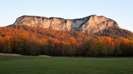 The majestic Saxer Lcke mountain ridge glowing in warm sunset light, surrounded by the vibrant fall colors of Appenzell, Switzerlandの素材