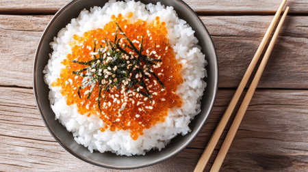 A bowl of hot white rice topped with karashi mentaiko, garnished with shredded nori and sesame seeds, chopsticks resting nearbyの素材