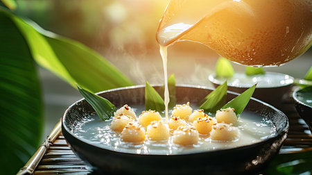 A beachside setting with Thai dessert featuring melon and jackfruit, coconut milk being poured, fresh pandan leaves adding aromaの素材