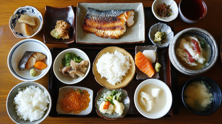 A family breakfast in a Japanese home, with multiple plates of traditional morning dishes including miso soup, grilled fish, and steamed riceの素材