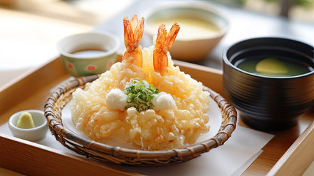 A crispy tempura dish with karashi mentaiko dipping sauce, served on a wooden tray with a side of matcha teaの素材